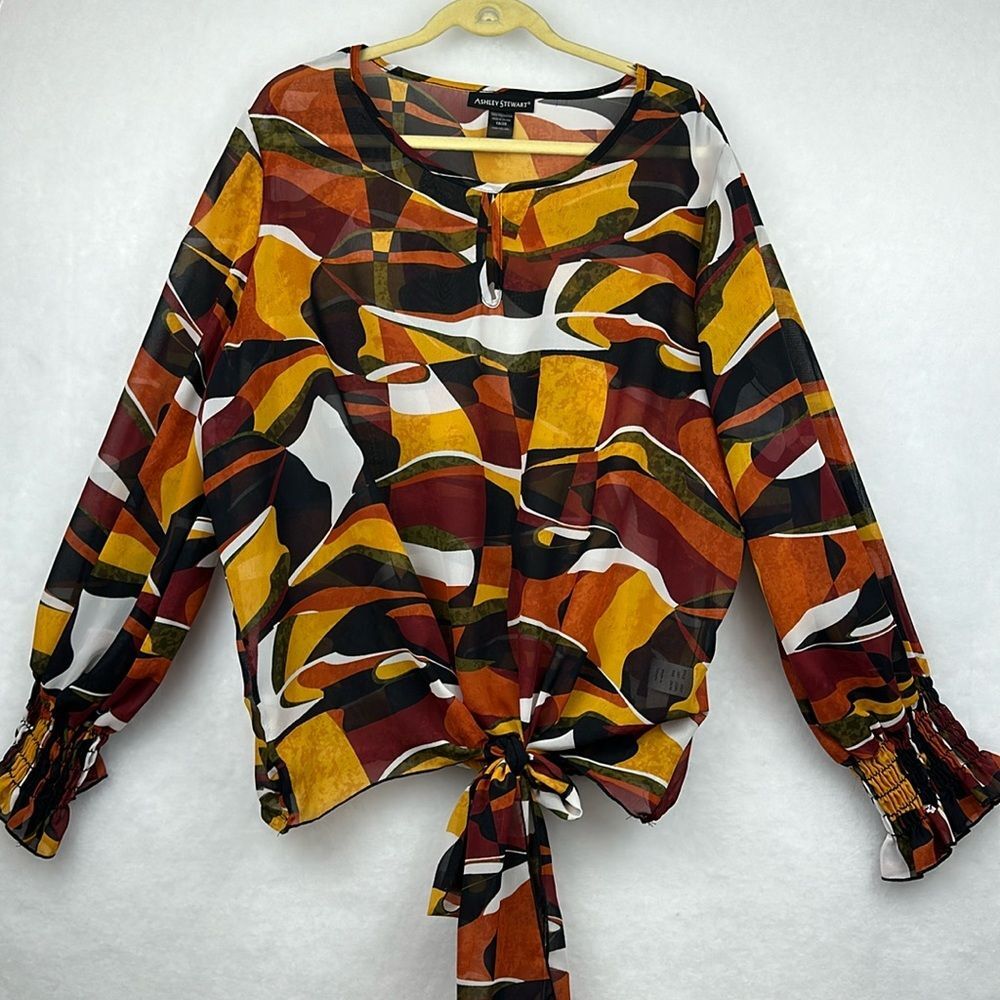 ASHLEY STEWART MIXED PRINT FRONT TIE LONG SLEEVE PLUS SIZE 18/20